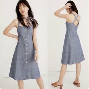 Madewell Chambray Tank Button-Front Cross Back  Dress With Pockets Size 6